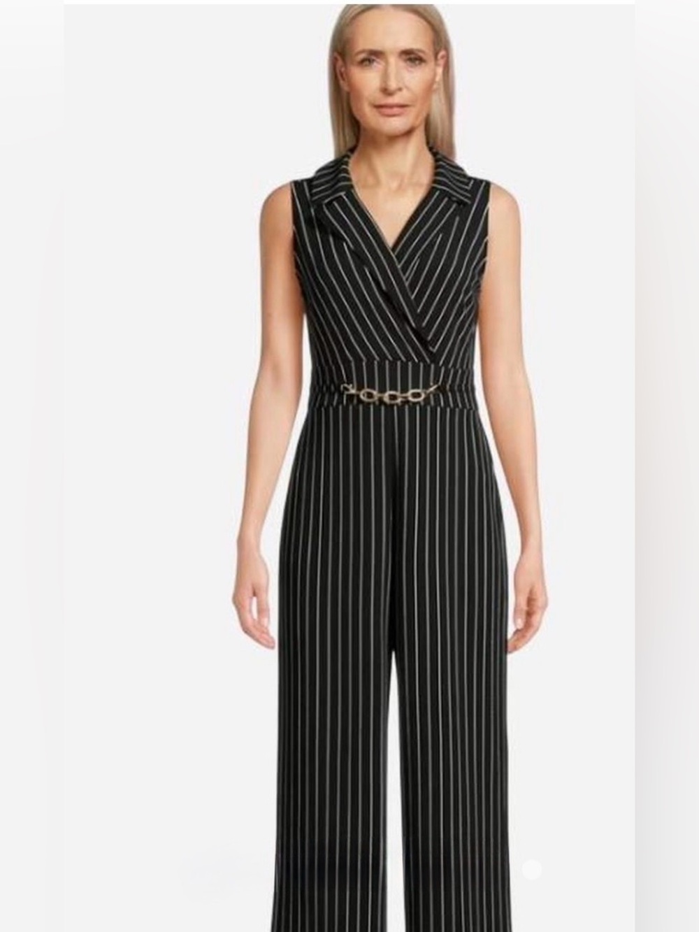 No Boundaries Black Pinstripe Sleeveless Jumpsuit with Chain Accent